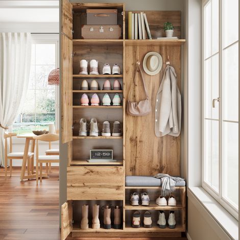 Ensemble de meuble d'entrée compact avec miroir et banquette, portant manteaux avec étagère à chaussures et patères, rangement couloir mural, set vestiaire moderne pour petit espace.