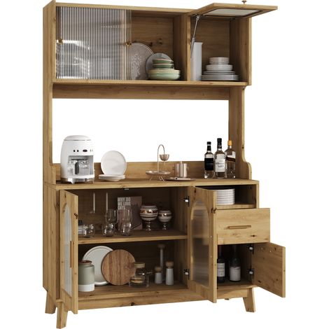 Buffet haut de salle à manger 120 x 40 x 178 cm avec rangements multi-niveaux, prise intégrée, USB-A et USB-C, finition bois clair  CHICFURN (1/5)