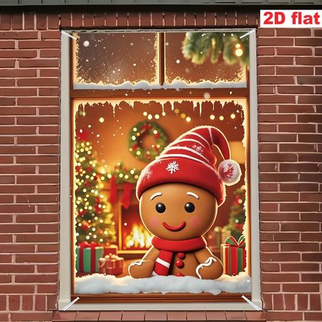 Bannière de Noël à suspendre à la fenêtre, décoration festive, toile de fond bonhomme de neige et Père Noël pour les fêtes de fin d'année - 80 x 120 cm (polyester) - 19