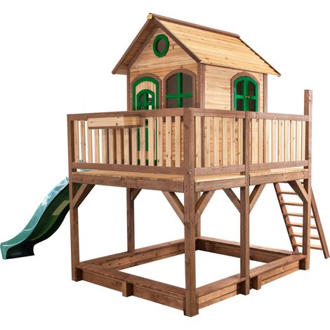 Maisonnette en bois FSC marron et vert avec bac à sable – Toboggan inclus – Dimensions 120x120x150 cm – Pour jeux en extérieur – AXI