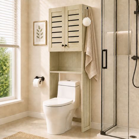 Meuble WC dessus de toilette/machine à laver avec placard à porte double, portes à persiennes, 67x31,5x190cm, chêne (1/5)