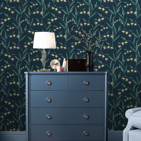 Papier peint intissé Laura Ashley fuchsia Fulwell Midnight 1005 x 52cm Jaune, vert sur fond bleu nuit (1/5)