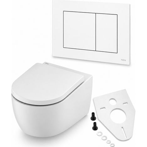 BADfabrik24 TECEloft Set, WC-Keramik mit cyclon flush und WC-Sitz im klassisch-hohen Design+TECEnow WC-Betätigungsplatte weiß+Montageset für Wand-WC/Bidet