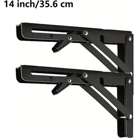 (Noir 35,5 cm) 2 supports d'angle triangulaires pliables, robustes et réglables, pour fixation murale, banc, table ou étagère. (1/5)