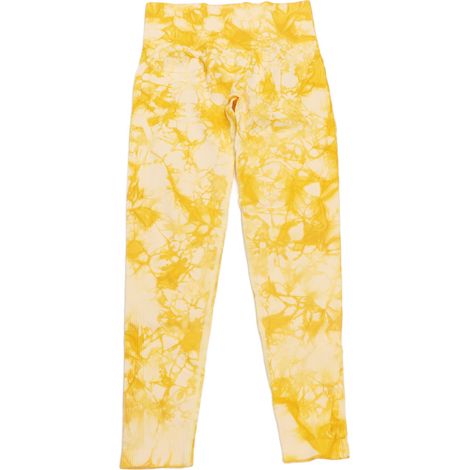 Pantalon de yoga taille haute, imprimé tie-dye jaune, effet push-up, taille L, legging extensible pour femme, idéal pour le sport, la course et le fitness. (1/5)