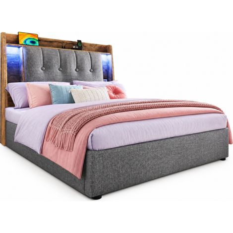 CHICFURN lit rembourré avec rangement ports USB Type C et éclairage lumineux 90 x 200 gris (1/5)
