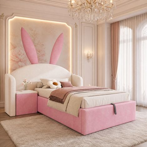Cama infantil tapizada 90x200 cm con almacenaje hidráulico y mesita, terciopelo beige y rosa (1/5)