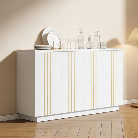 Meuble buffet salon 4 portes, 35 x 140 x 70 cm, blanc et or. Armoire de rangement avec lignes dorées, placard à cloisons réglables, idéal pour chambre et séjour. (1/5)