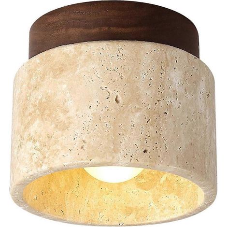 Moderne Deckenleuchte aus gelbem Travertin und Holz, E27-Fassung, weißes Licht (1/5)