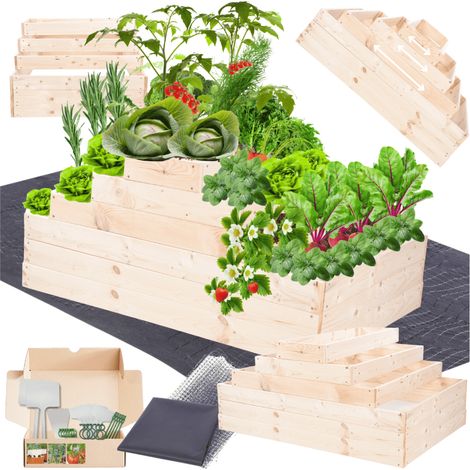 MODO24 ZP09 Carré potager surélevé en escalier modulable, bois de pin, herbes/légumes, jardin/terrasse/balcon, 54x117x90 cm, naturel