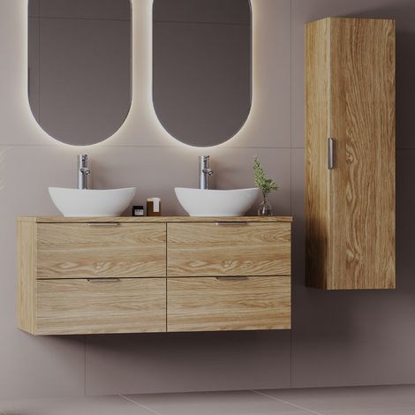 Conjunto mueble lavabo doble 120cm y columna Astrid Madera