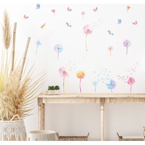 2 PCS Autocollant Mural Fleur Stickers Muraux Pissenlit Coloré Stickers Muraux Papillon Plante pour Salons Chambres Bureaux Canapé Fond Décoration Murale De La Maison (1/5)