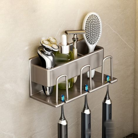Support Brosse Dents Mural Gris 3 Gobelets, Sans perçage 20x7.5x8cm (1/5)
