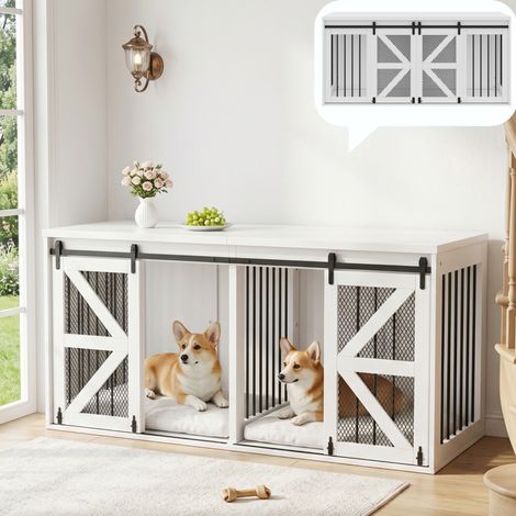 Cage pour deux chiens style meuble blanc 160 x 60 x 75 cm, enclos intérieur avec cloison centrale fixe, porte coulissante type grange, utilisable comme buffet TV (1/5)