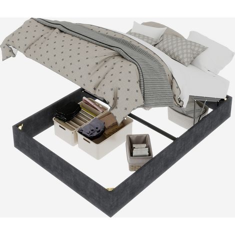 Lit 160x200 - Lit coffre adulte 160x200 - avec coffre à relevage, sommier intégré, tissu velours et structure métal - gris (1/5)
