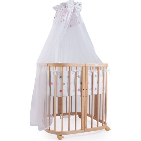 Waldin Cuna Colecho 7 en 1, Madera Natural, Tela Estrellas Rosas (1/5)