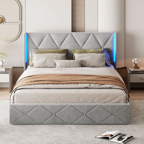 Letto 140x200 cm, letto contenitore, con illuminazione LED laterale, tessuto in velluto grigio ghiaccio (1/5)
