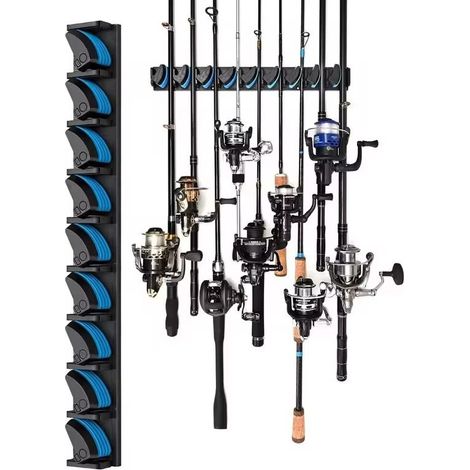 Soporte vertical para cañas de pescar, soporte de pared para cañas de pescar, soporte para hasta 9 cañas, soporte para cañas de pescar para garaje, compatible con la mayoría de las cañas con un diámet (1/4)