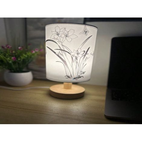 Lampe De Bureau - Abat-Jour En Tissu LED - 3 Couleurs - Réglage De La Luminosité - Base En Bois - Style Nordique - Pour Chambre À Coucher Et Salon - 1 Pièce