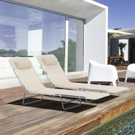 Set 2 Lettini Prendisole Pieghevoli con Schienale Reclinabile a 4 Livelli, Metallo e Tessuto a Rete, Beige