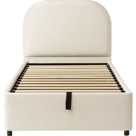 CAIziLit rembourré, lit simple, lit enfant 90 x 200 cm, lit fonctionnel hydraulique, lit avec sommier à lattes, tête de lit et grand espace de rangement, tête de lit rembourrée, velours, beige (1/5)
