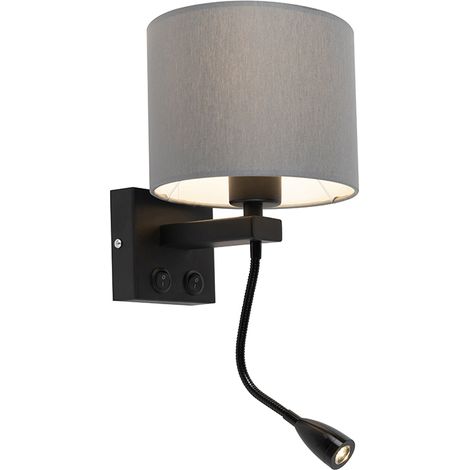 QAZQA Applique con braccio da lettura brescia combi - Moderno - Tessuto - Grigio/Nero - Tondo (non sostituibile) LED Max. 1 x Watt