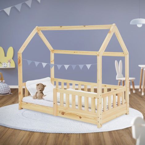 Ml-Design – Lit cabane enfant 70x140 cm en bois massif naturel – Protection antichute – Toit et sommier à lattes – Capacité 120 kg – Design scandinave