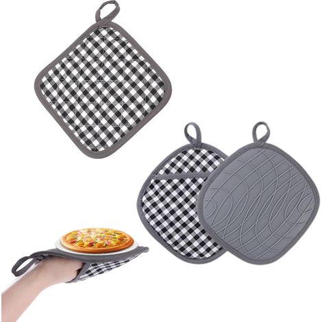 Coussinets isolants Cuisine 2 pièces – Tapis Anti-Chaleur 20 cm Coton + 20,5 cm Silicone – Gris à Carreaux – Résistants 300°C – Protège-Plans Modernes (1/5)