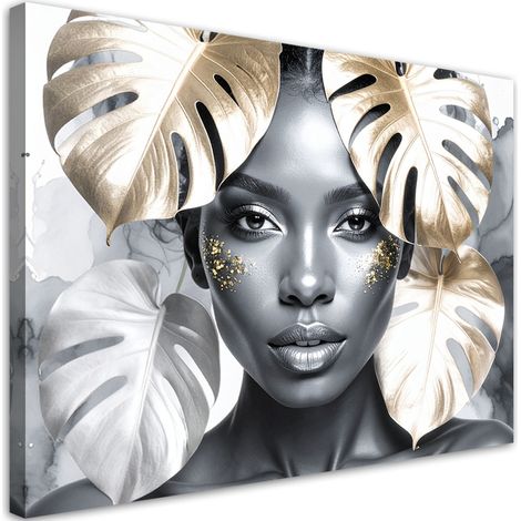 Wandbild Porträt einer Frau und goldene Monstera-Blätter 100x70 cm