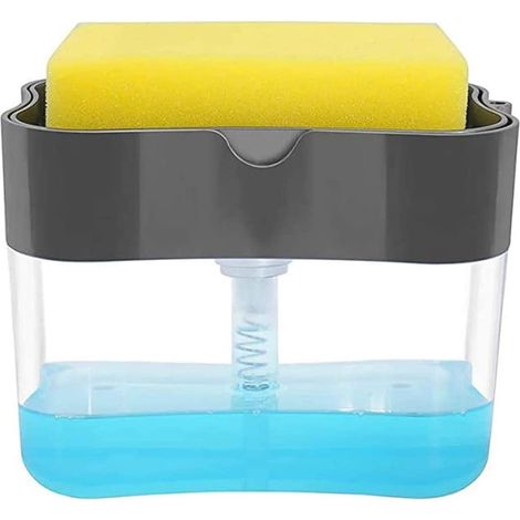 Distributeur De Savon Et Porte-Éponge - 2-en-1 Pour Évier De Cuisine - Capacité 375 Ml - Gris (1/5)