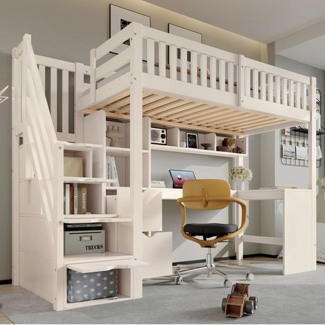 Cama litera-altillo 90x200 cm - Con escalera de almacenaje, escritorio de esquina y 2 cajones - De madera - Blanco (1/5)