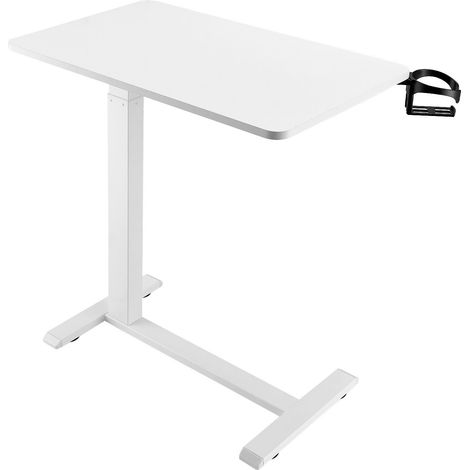 Table de lit mobile avec roulettes discrètes, hauteur réglable, porte-gobelet, plateau en panneau de particules, blanc. Idéale pour usage domestique, bureau ou étude. (1/5)