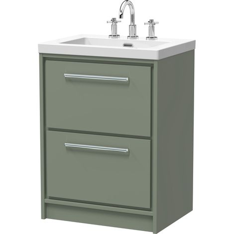 Balterley Longnor Modern Bathroom 2 Soft Close Drawer Floor Standing Vanity Unit Fireclay Basin, Fern Green, 600mm