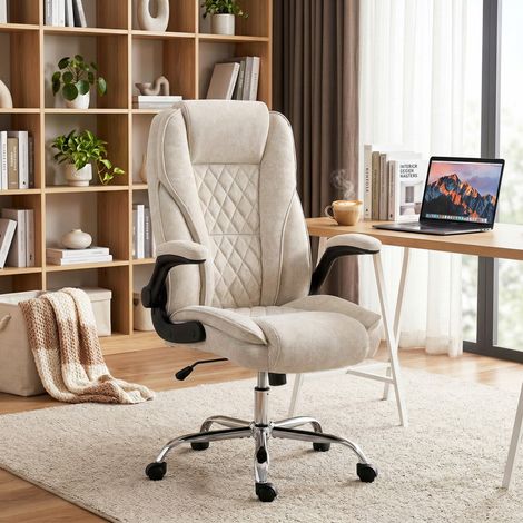Fauteuil de bureau ergonomique beige, siège ajustable en hauteur, accoudoirs escamotables, dimensions 70x70x114-122 cm (1/5)