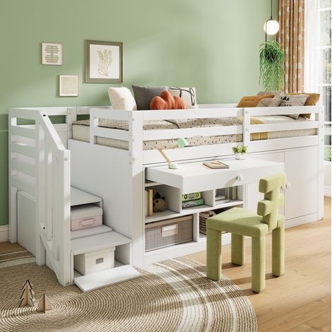 Cama infantil de madera maciza blanca 90x200 cm con escalera, almacenaje y cajones