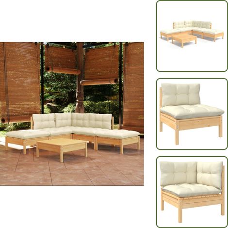 6-tlg. Garten-Lounge-Set mit Creme Kissen Kiefernholz - Gartensessel - Lounge Set - Gartenmöbel - Outdoor Möbel - Rattan Sessel (1/5)
