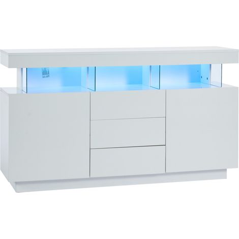 Buffet design blanc brillant avec LED multicolores 140 x 35 x 80 cm, 3 tiroirs et 2 placards, pour salon et cuisine (1/5)