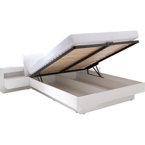 Bettgestell RENATO 180x200 cm in weißer Farbe mit Lattenrost und Nachttischen mit LED – 291 x 90 x 236 cm