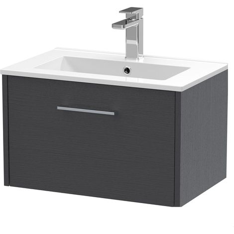 Winshill Contemporary 1 Drawer Wall Hung Vanity Unit with Minimalist Basin, Woodgrain Dark Grey, 600mm (1/4)
