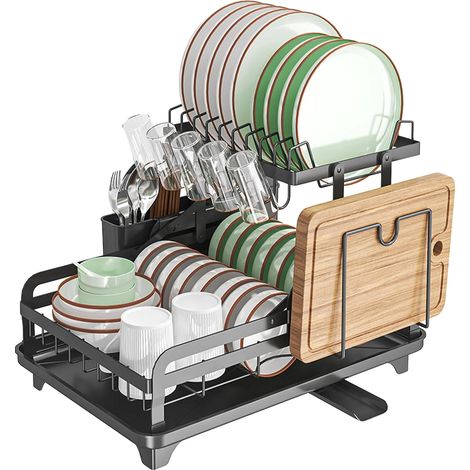 Escurridor de platos, diseño de 2 niveles, construcción robusta, negro, 2 niveles, L (1/2)