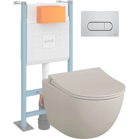 Pack WC suspendu VitrA Sento lin mat + bâti autoportant V-Fix Core + Plaque Round chromé (1/4)