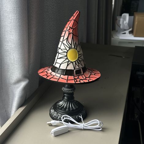 Lampe chapeau de sorcière LED peinte à la main - Décoration d'Halloween alimentée par USB avec effet lumineux, décoration de table gothique vintage pour (1/5)