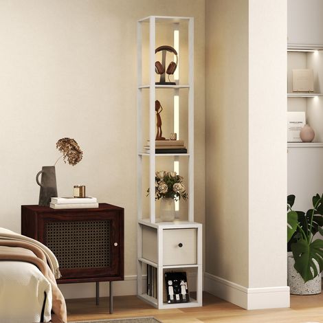 Lampadaire moderne avec étagères ouvertes, tiroir en tissu et interrupteur au pied pour chambre ou salon, blanc (1/5)