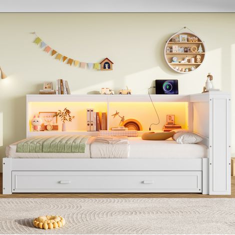 Lit banquette moderne 90x200 cm en pin, blanc, avec lit gigogne, LED et prises USB/Type-C (1/5)
