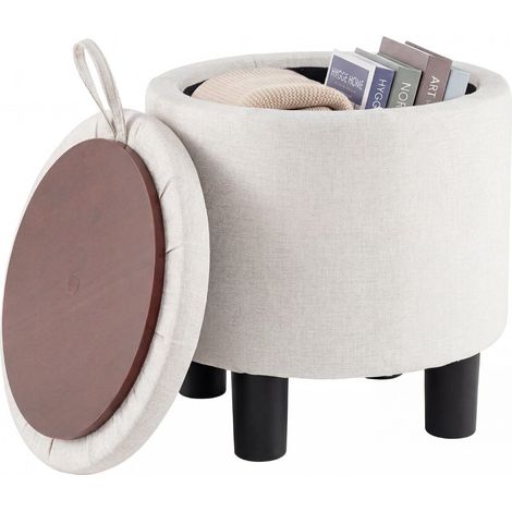 Pouf rotondo in lino con contenitore, beige, Ø38 cm