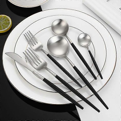 Ensemble de couverts et ustensiles en acier inoxydable noir mat et argent, finition satinée, compatible lave-vaisselle, pour la maison et le restaurant. (1/2)