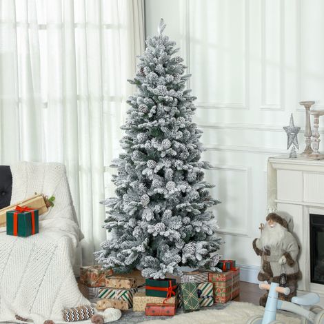 Árbol de Navidad artificial, nieve artificial y piñas, realista, ignífugo, base metálica, 183 cm, verde. (1/5)