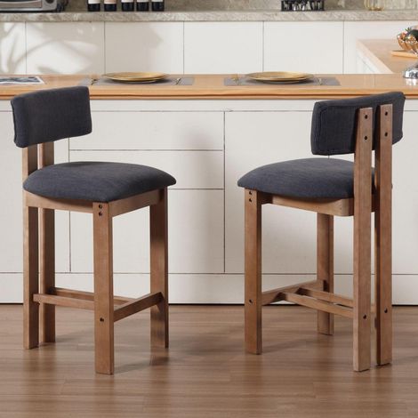 Barhocker 2er Set mit Lehne aus Holz, gepolstert, Holzkohle (1/5)