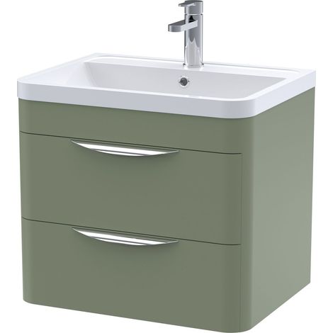 Nuie Parade Wall Hung 2-Drawer Vanity Unit with Polymarble Basin 600mm Wide - Satin Green (1/6)