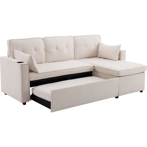 Sofá cama esquinero en L con almacenamiento y portavasos, tejido de algodón y lino, beige, 3 plazas (1/5)
